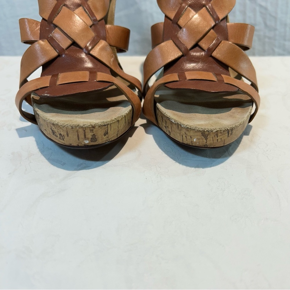 Cole Haan Sz 10 Jocelyn Strappy High Heeled Sandals Leather Brown Tan Wood Heel - Picture 5 of 10